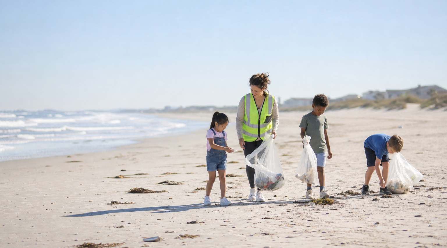 Group of volunteers cleaning up the beach